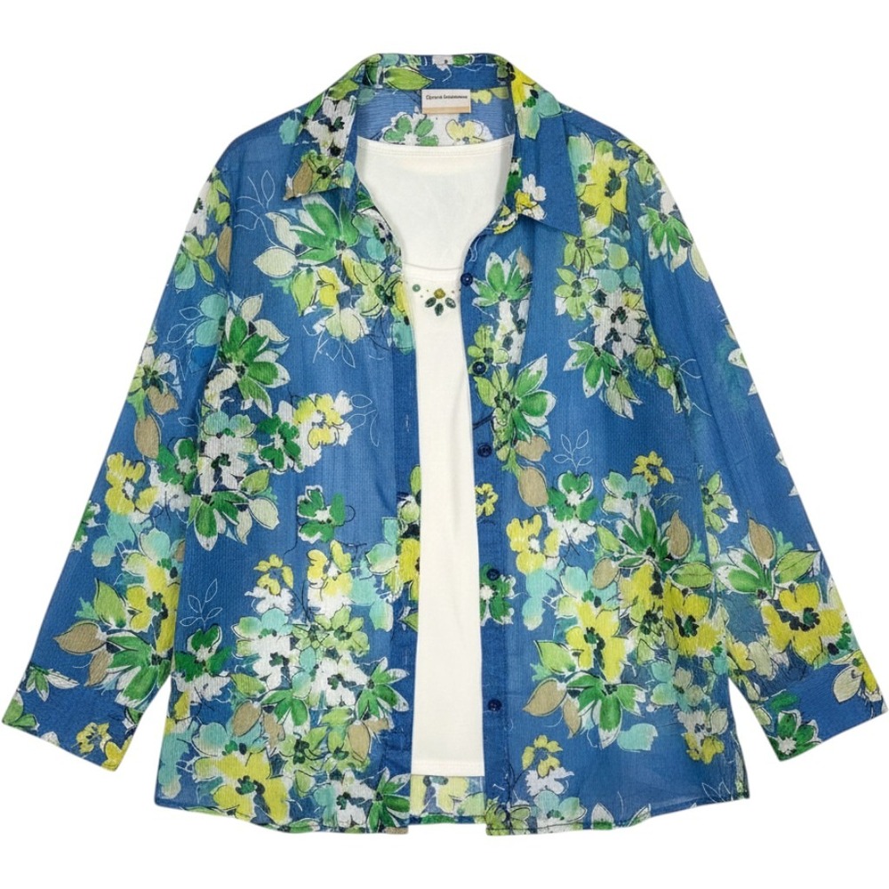 Alfred Dunner Floral Shirt Tank Set Womens 22W Blue Cotton Sheer Beaded Coastal